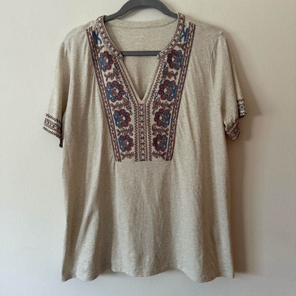 J. Jill PureJill Floral Boho Embroidered Cotton V-Neck Short Sleeve Tee